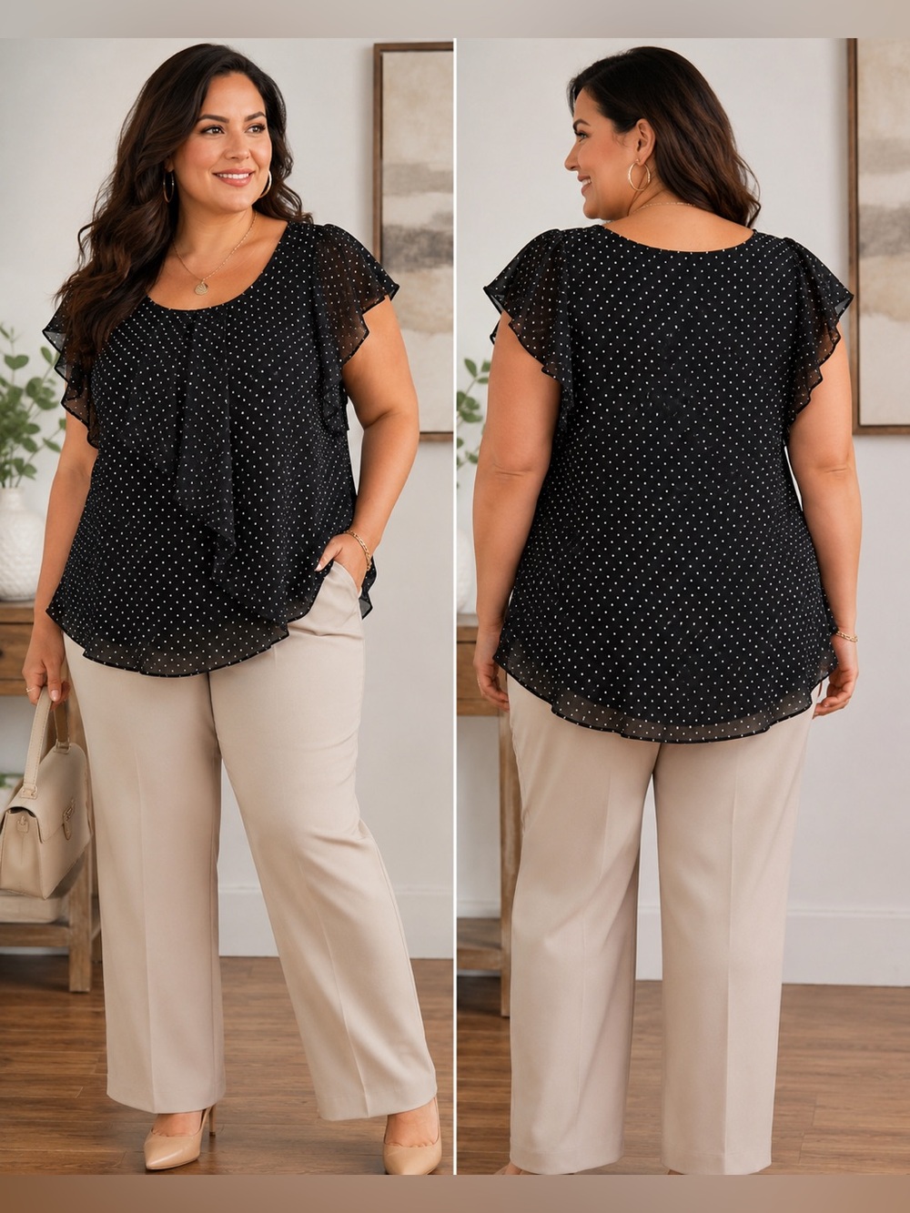 Roz & Ali Black Polka Dot Chiffon Flutter Sleeve Chic Coquette Ruffle Blouse
